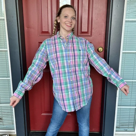 80s Mens RALPH LAUREN Cotton Shirt, Pastel Colors Long Sleeve Button Up size L - Picture 2 of 7